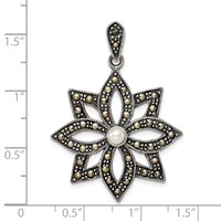 Sterling Silver Antiqued Marcasite & Imitation Pearl Flower Pendant view 4