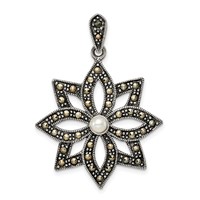 Sterling Silver Antiqued Marcasite & Imitation Pearl Flower Pendant view 1