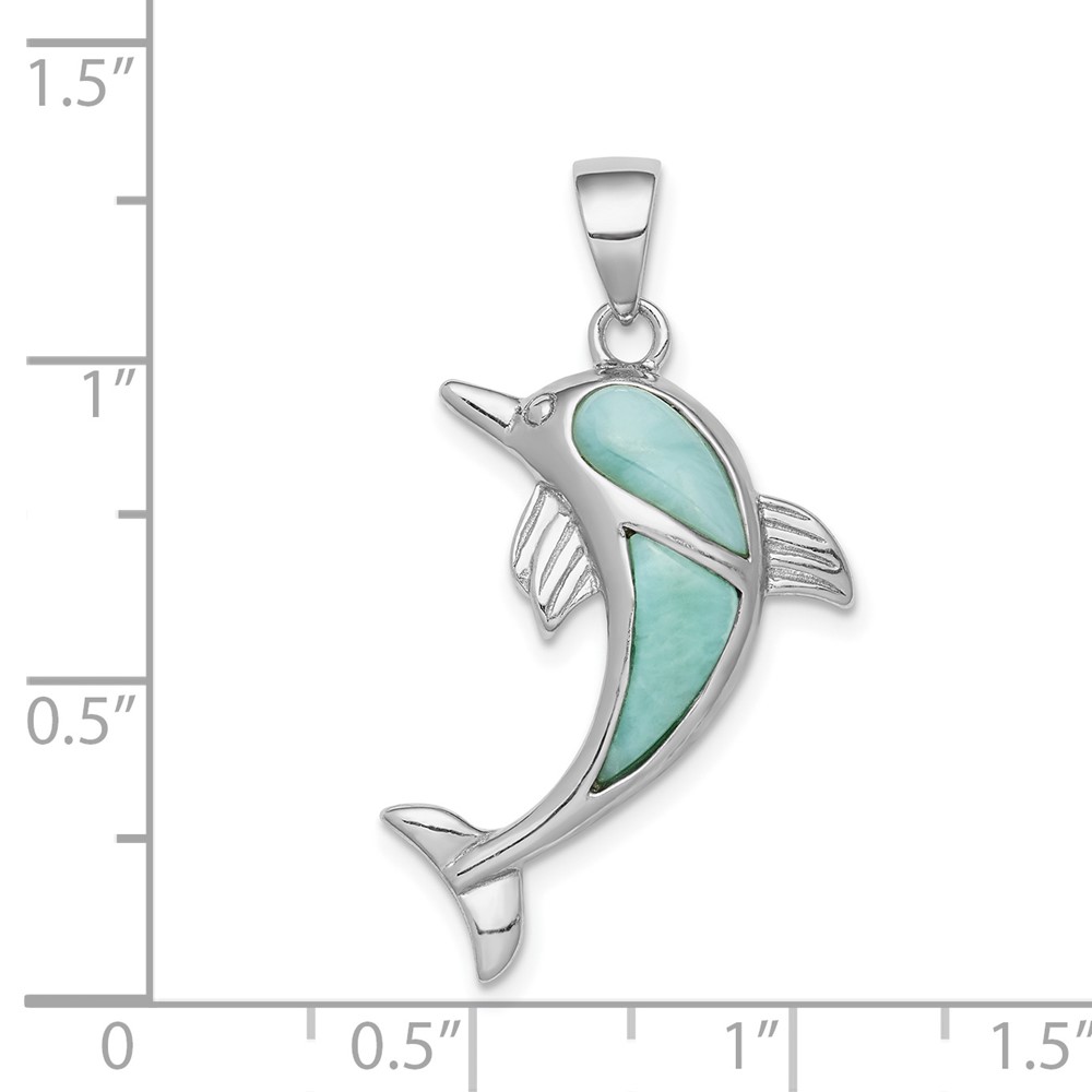 Sterling Silver Rhodium-plated Polished Larimar Dolphin Pendant (QP5225)