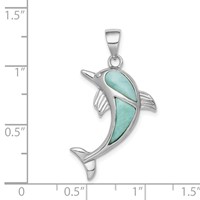 Sterling Silver Rhodium-plated Polished Larimar Dolphin Pendant view 4