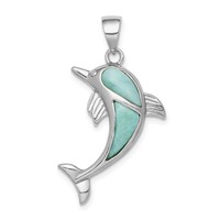 Sterling Silver Rhodium-plated Polished Larimar Dolphin Pendant view 1