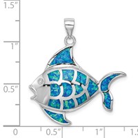 Sterling Silver Rhodium-plated Polished Created Blue Opal Fish Pendant view 4