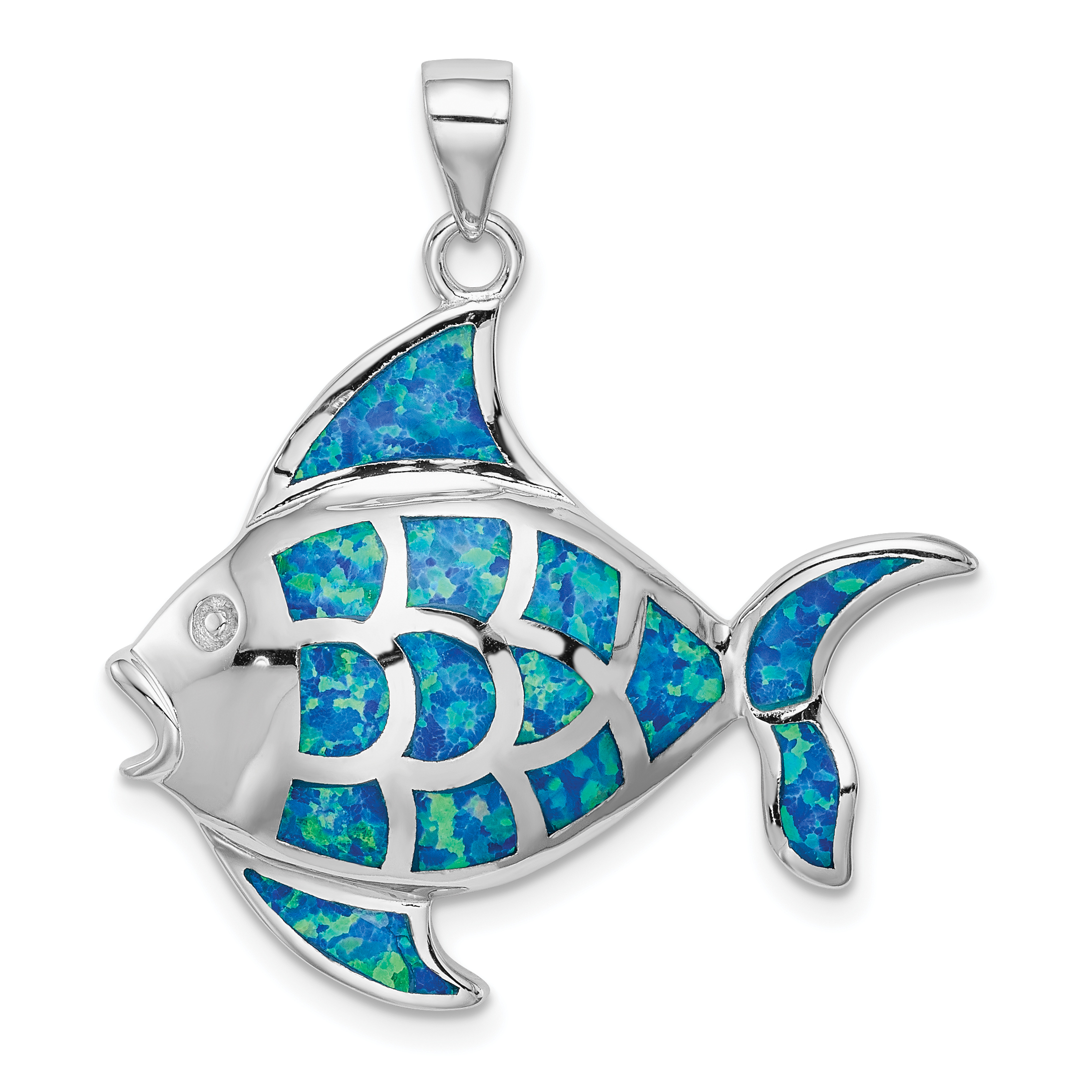 Sterling Silver Rhodium-plated Polished Created Blue Opal Fish Pendant (QP5229)
