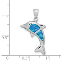 Sterling Silver Rhodium-plated Polished Created Blue Opal Dolphin Pendant view 4