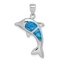 Sterling Silver Rhodium-plated Polished Created Blue Opal Dolphin Pendant view 1