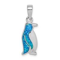 Sterling Silver Rhodium-plated Polished Created Opal Inlay Penguin Pendant view 1