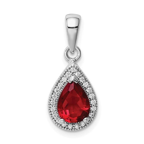 Sterling Silver Rhod Plated Red and Clear CZ Pendant