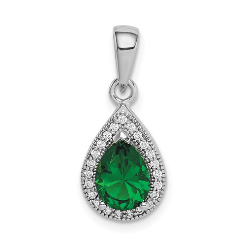 Sterling Silver Rhodium Plated Green and Clear CZ Pendant