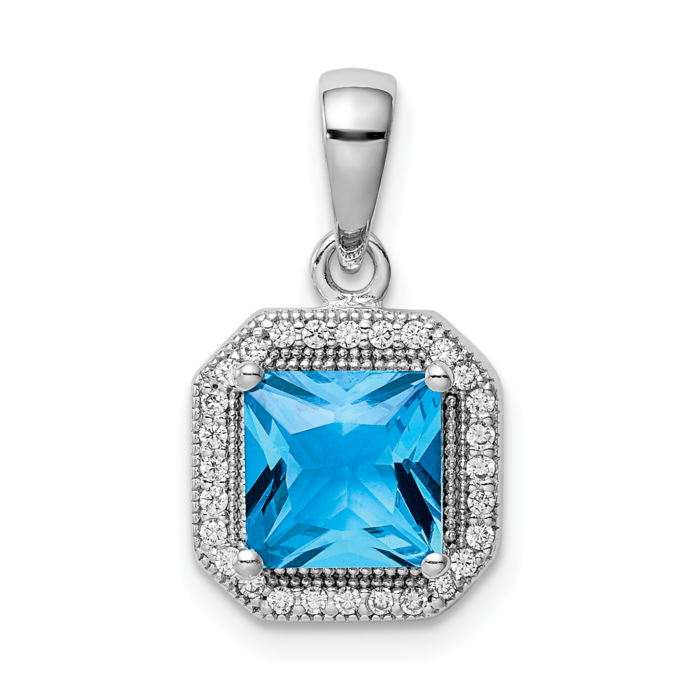 Sterling Silver Rhodium Plated Clear CZ and Square Blue CZ Pendant (QP5265DEC)