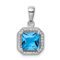 Sterling Silver Rhodium Plated Clear CZ and Square Blue CZ Pendant view 1
