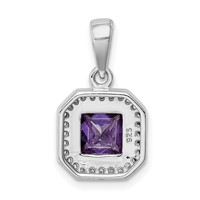 Sterling Silver Rhodium Plated Clear CZ and Square Purple CZ Pendant view 3