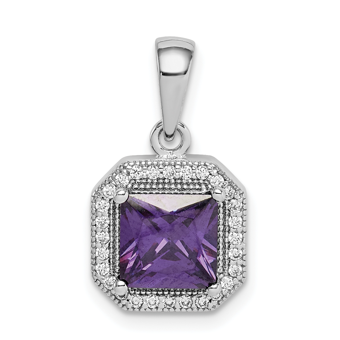 Sterling Silver Rhodium Plated Clear CZ and Square Purple CZ Pendant (QP5265FEB)