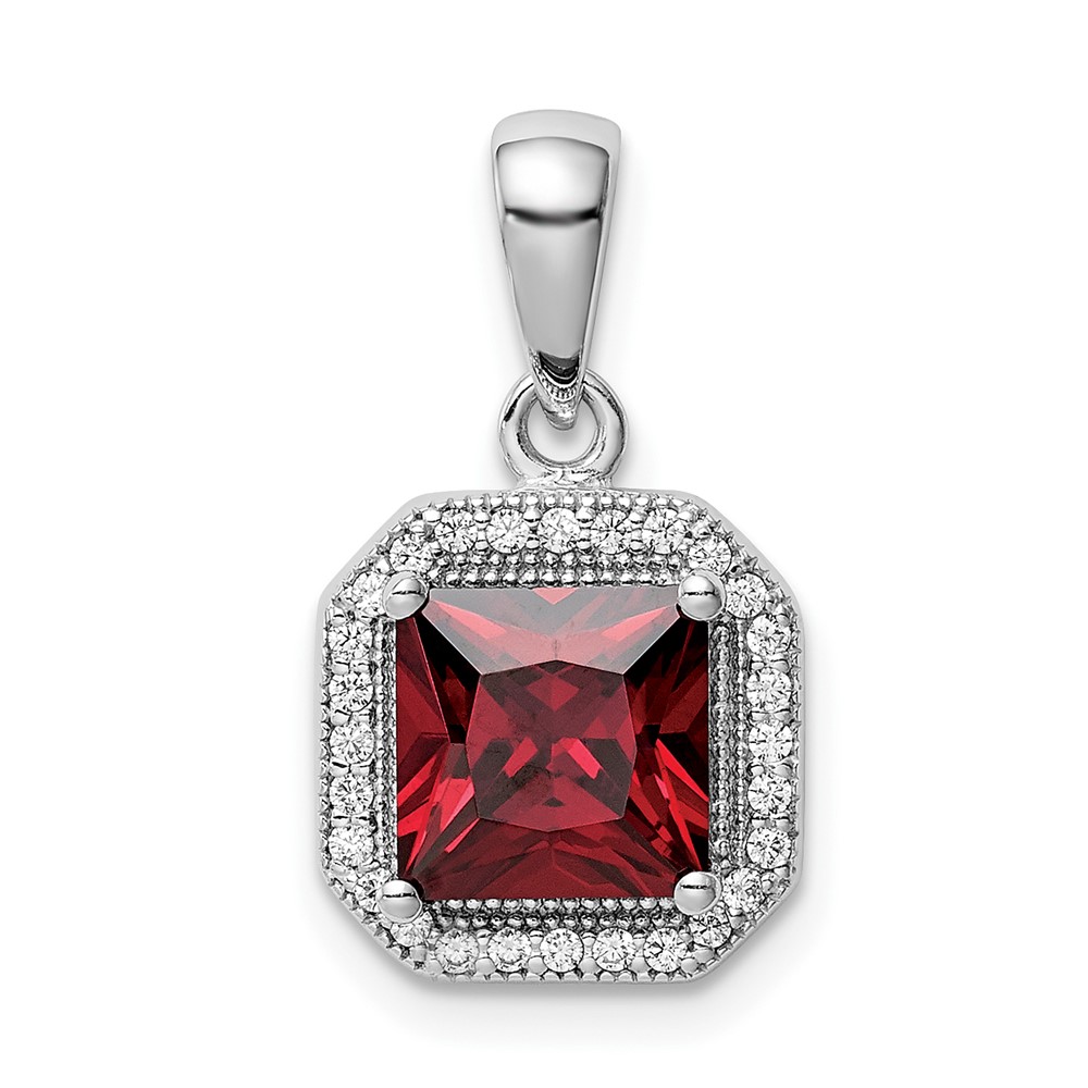 Sterling Silver Rhodium Plated Clear CZ and Square Red CZ Pendant