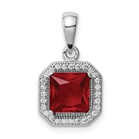 Sterling Silver Rhodium Plated Clear CZ and Square Red CZ Pendant view 1