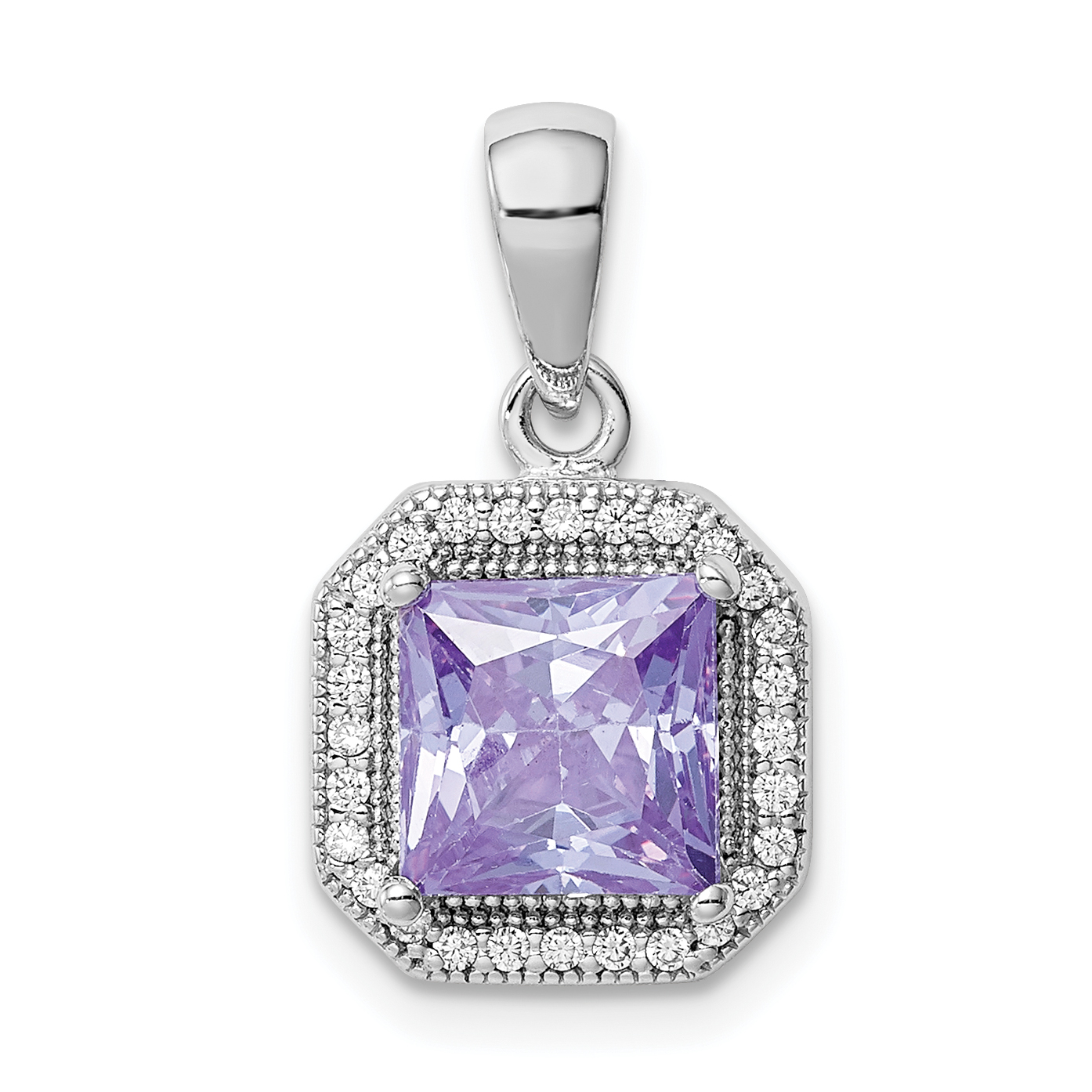 Sterling Silver Rhodium Plated Clear CZ and Square Light Purple CZ Pendant (QP5265JUN)