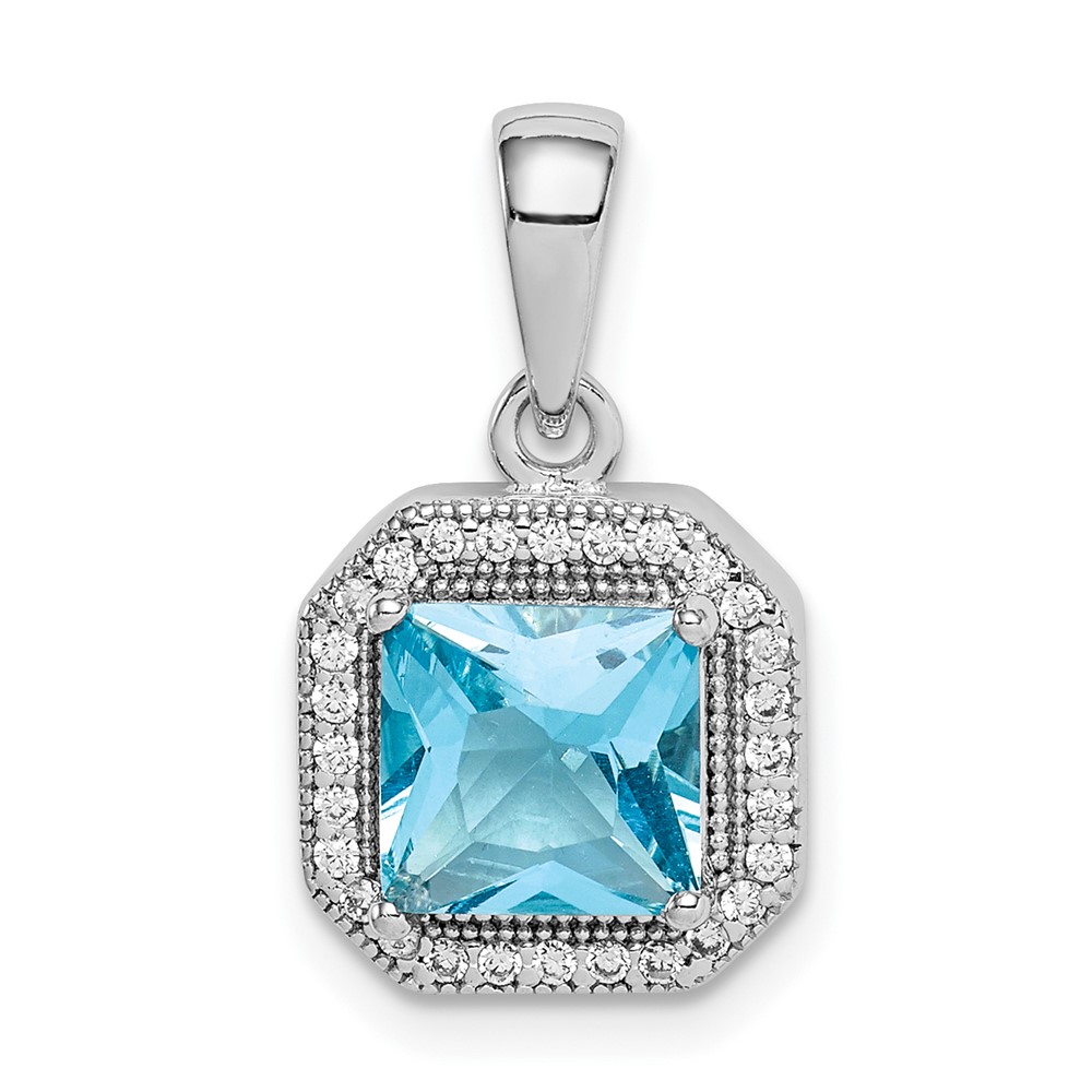 Sterling Silver Rhodium Plated Clear CZ and Square Blue CZ Pendant (QP5265MAR)