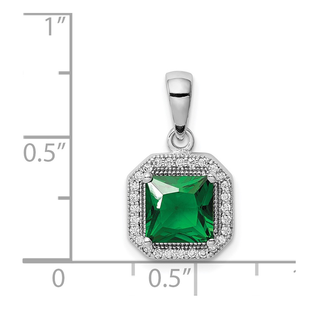 Sterling Silver Rhodium Plated Clear CZ and Square Green CZ Pendant (QP5265MAY)