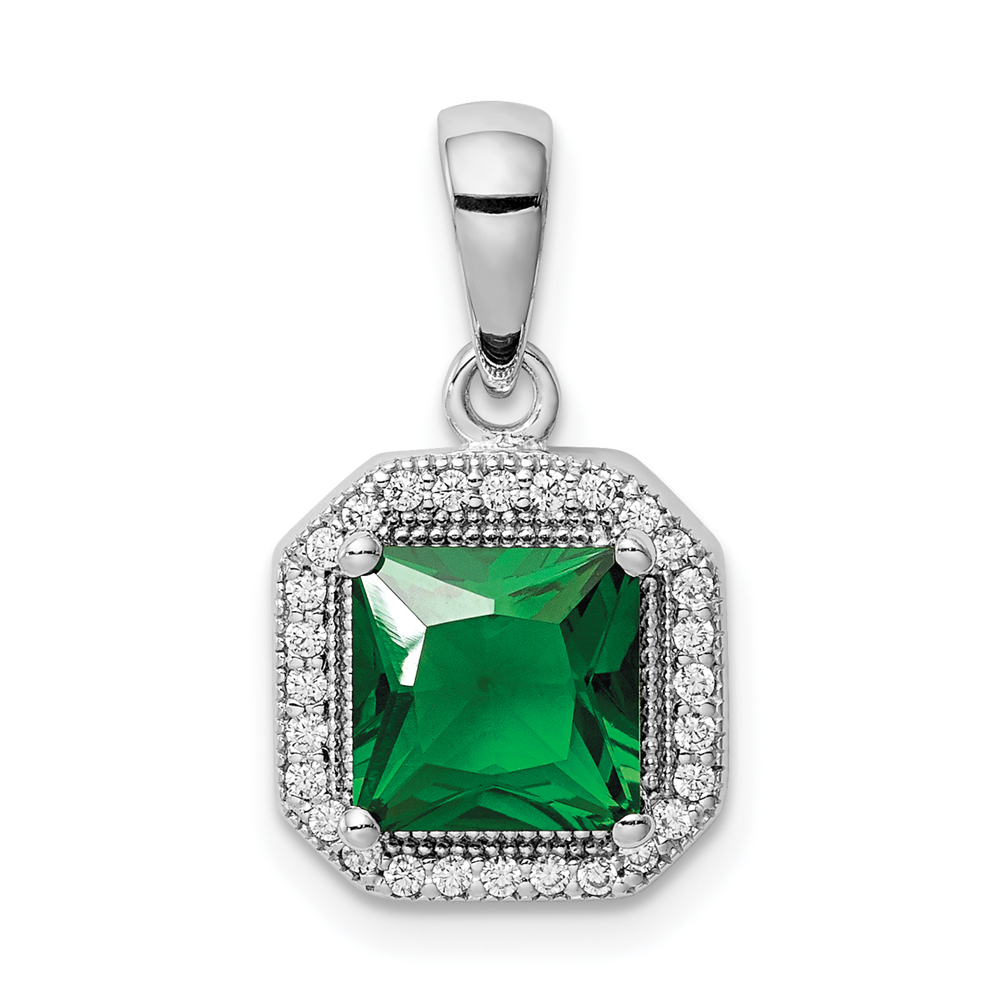 Sterling Silver Rhodium Plated Clear CZ and Square Green CZ Pendant (QP5265MAY)