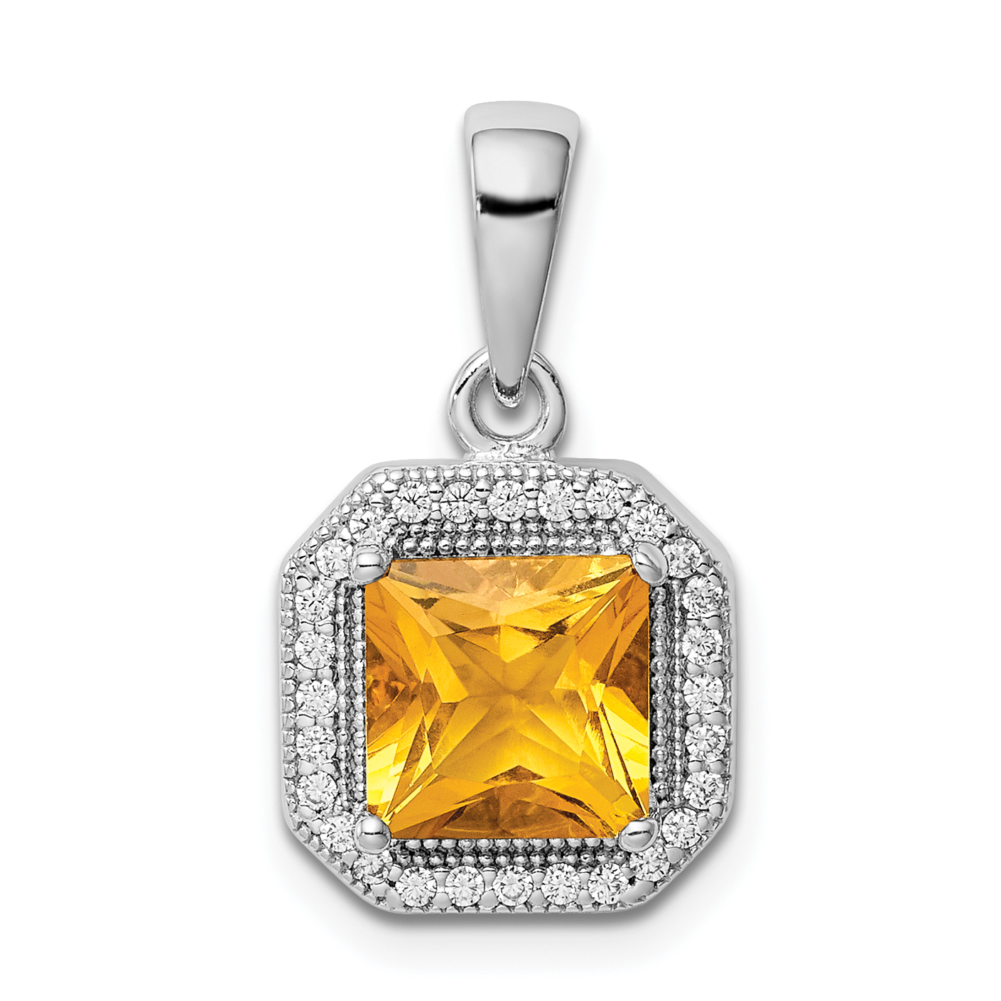 Sterling Silver Rhodium Plated Clear CZ and Square Yellow CZ Pendant (QP5265NOV)