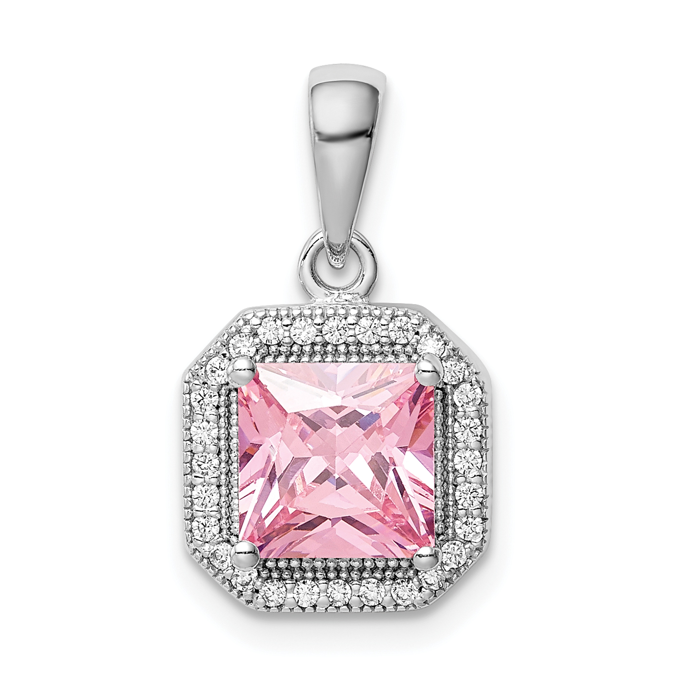 Sterling Silver Rhodium Plated Clear CZ and Square Pink CZ Pendant (QP5265OCT)