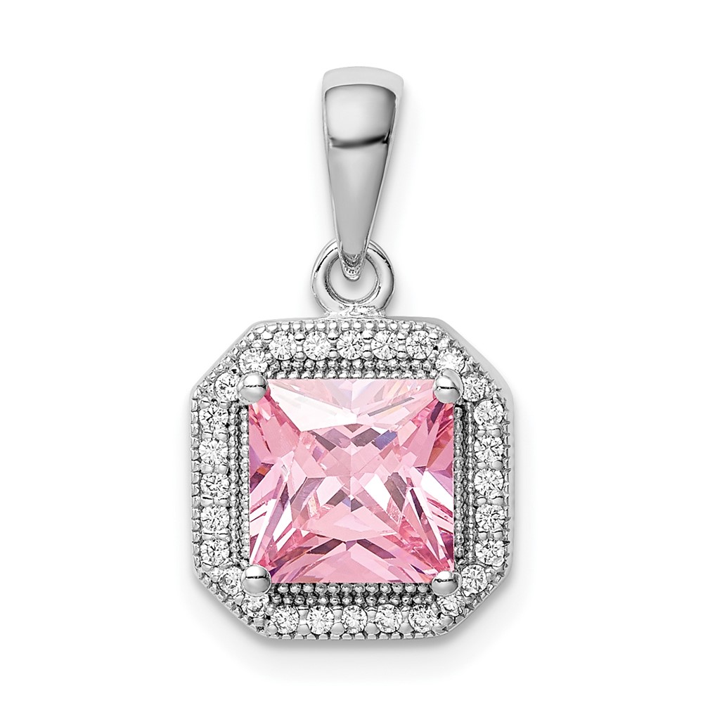 Sterling Silver Rhodium Plated Clear CZ and Square Pink CZ Pendant (QP5265OCT)
