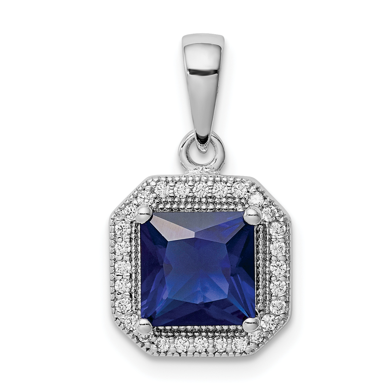 Sterling Silver Rhodium Plated Clear CZ and Square Blue CZ Pendant (QP5265SEP)