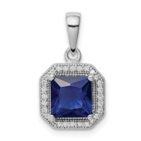 Sterling Silver Rhodium Plated Clear CZ and Square Blue CZ Pendant view 1