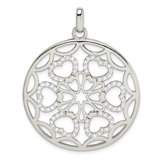 Sterling Silver CZ Hearts Circle Pendant