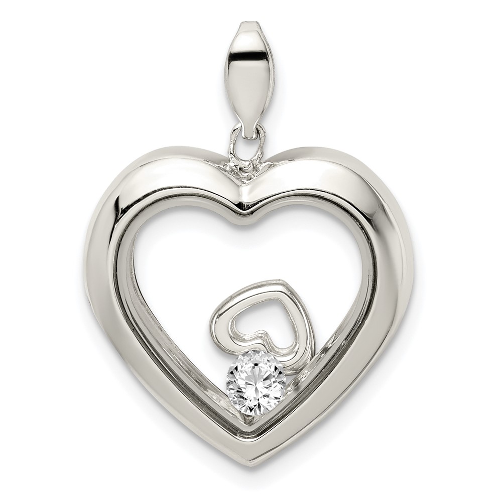 Sterling Silver Rhodium-plated CZ 19mm Heart Glass Pendant