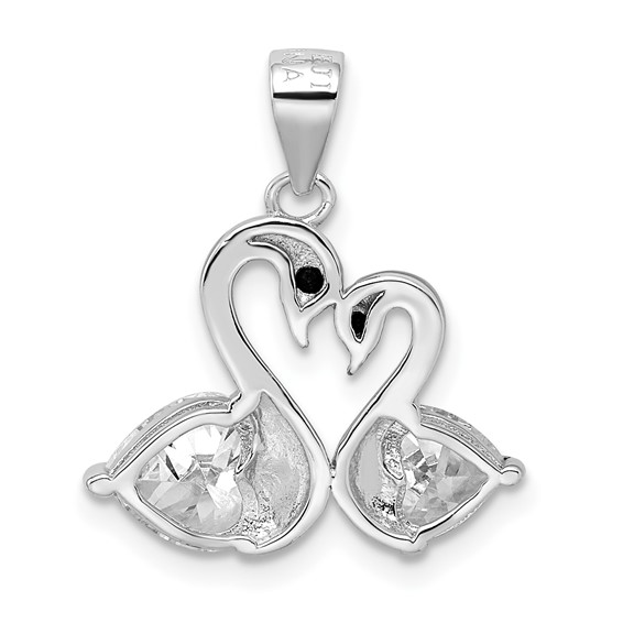 Sterling Silver Rhodium-plated Polished CZ Swan Couple Pendant