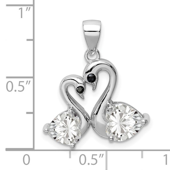 Sterling Silver Rhodium-plated Polished CZ Swan Couple Pendant