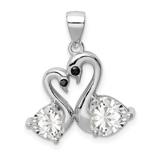 Sterling Silver Rhodium-plated Polished CZ Swan Couple Pendant