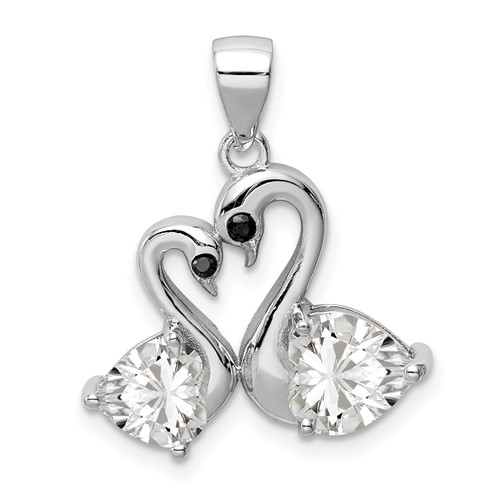 Sterling Silver Rhodium-plated Polished CZ Swan Couple Pendant