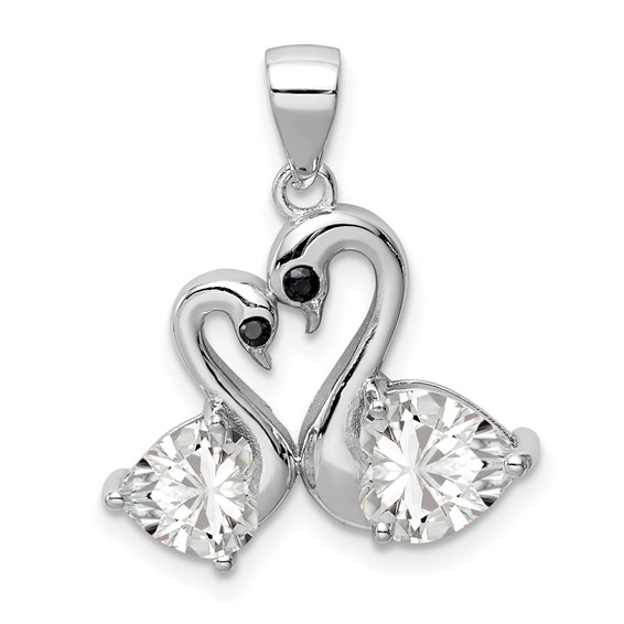 Sterling Silver Rhodium-plated Polished CZ Swan Couple Pendant