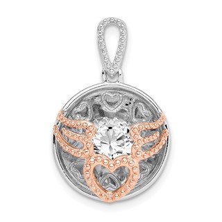 Sterling Silver Rhod-plated & Rose-tone Heart & Wings w/Vibrant CZ Pendant