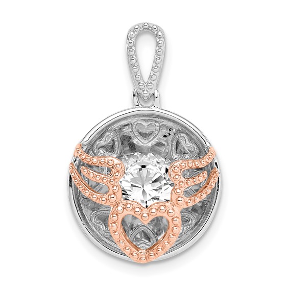Sterling Silver Rhod-plated & Rose-tone Heart & Wings w/Vibrant CZ Pendant