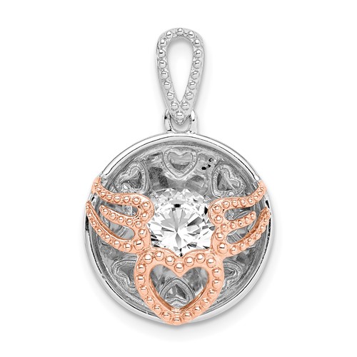 Sterling Silver Rhod-plated & Rose-tone Heart & Wings Pendant with Vibrant CZ