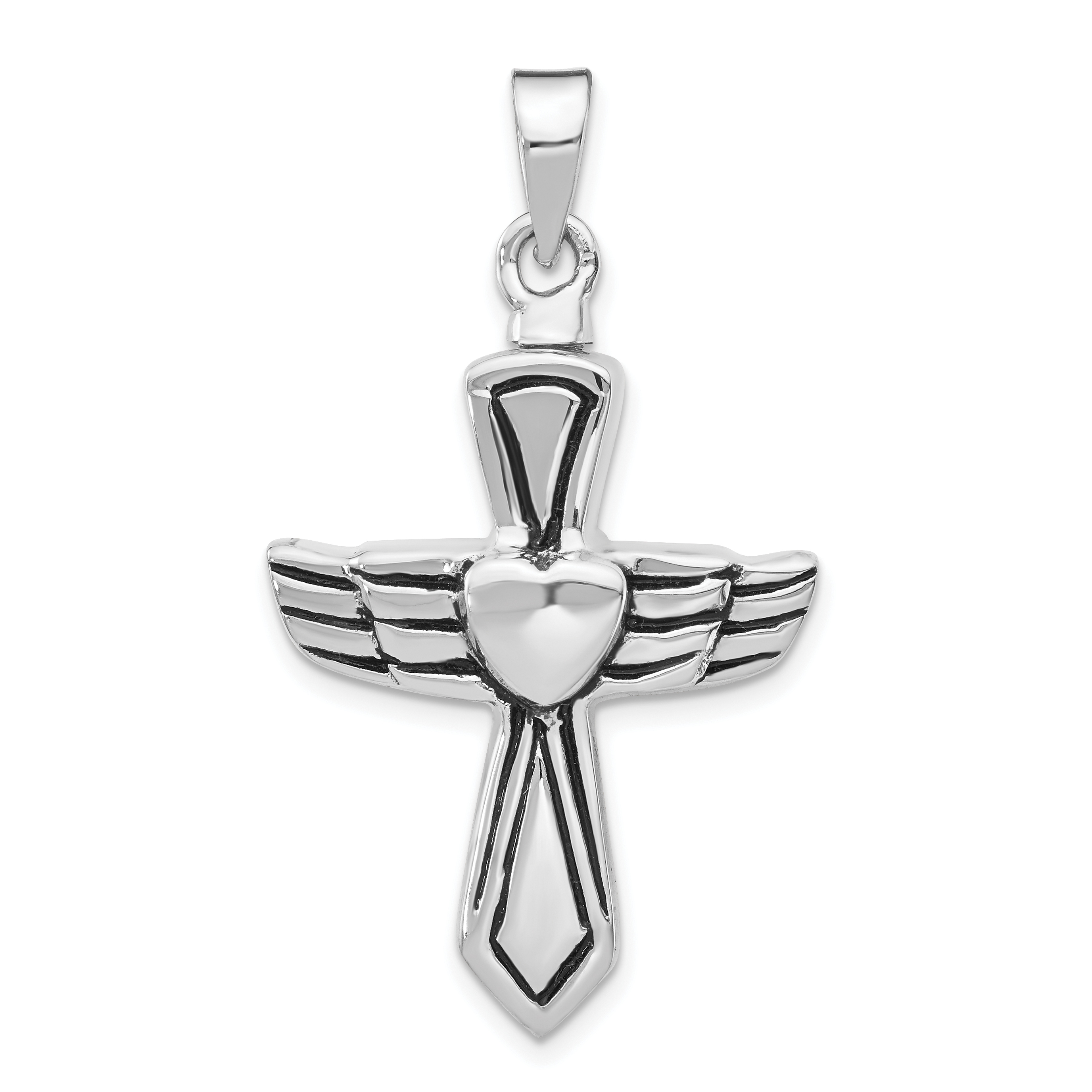 Sterling Silver Rhodium-plated Antiqued Cross w/Heart Ash HolderPenda (QP5327)