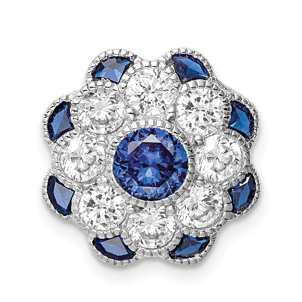 Sterling Silver Rh-plated CZ/Synthetic Blue Spinel Flower Chain Slide (QP5330)