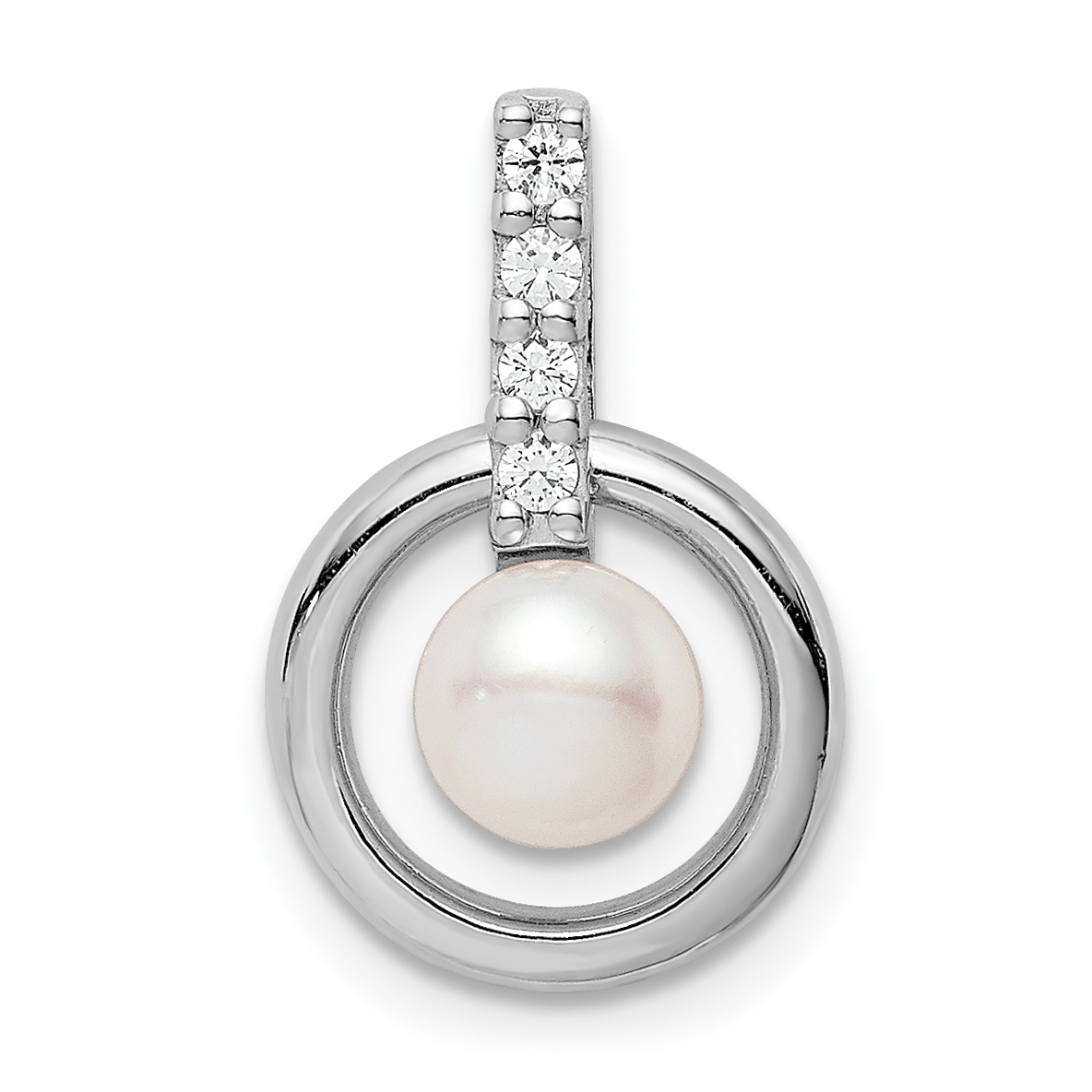 Sterling Silver Rhodium-plated Circle w/CZ (5-6mm) Button FWC Pearl Slide (QP5350)