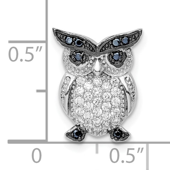 Sterling Silver Rhodium-plated Polished Black and Clear CZ Owl Chain Slide