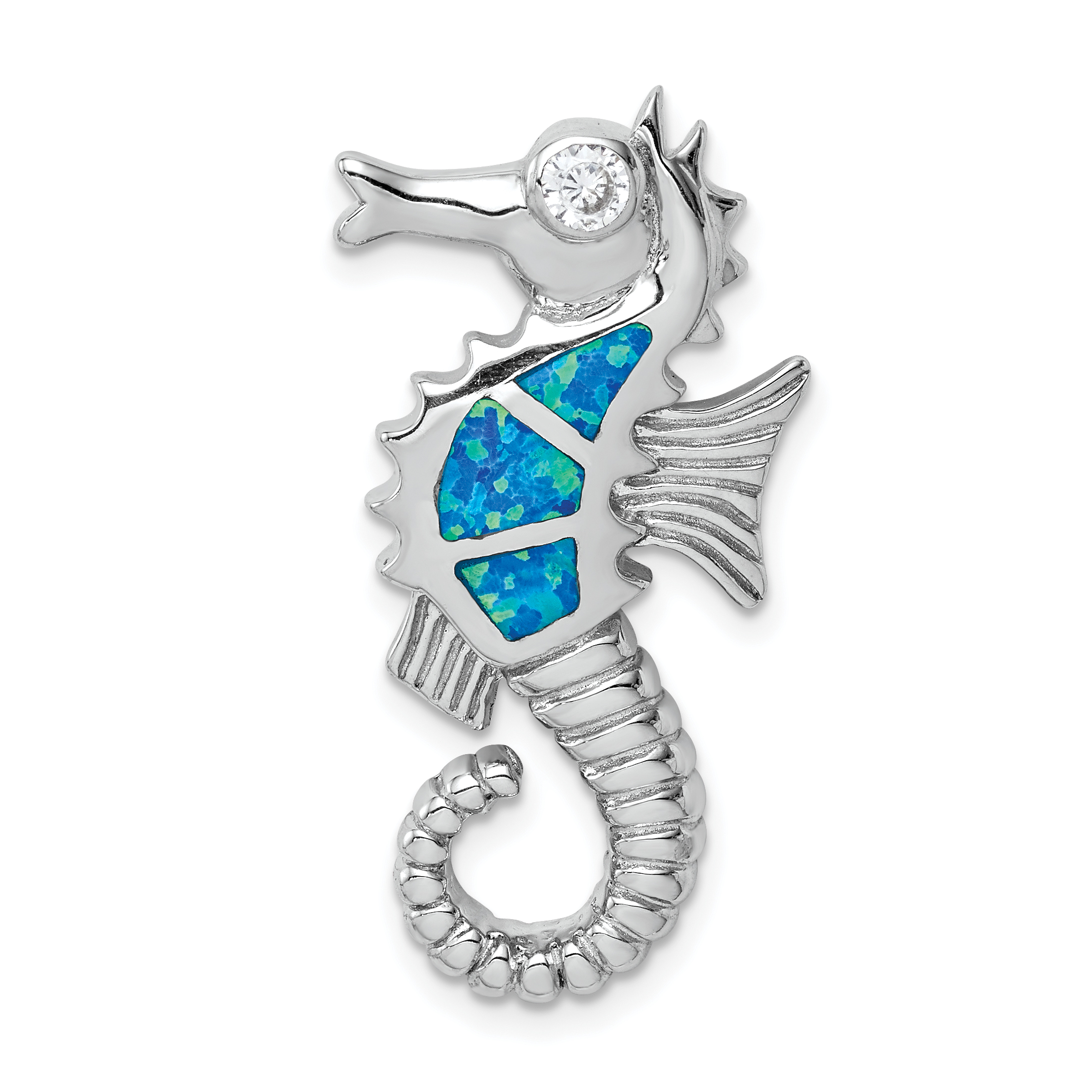 Sterling Silver Rhodium-plated Polished Created Opal and CZ Seahorse Chain Slide (QP5373)