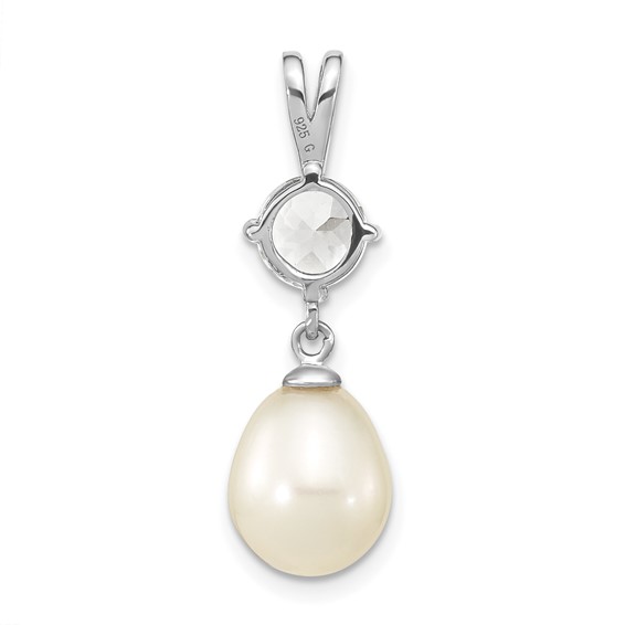 Sterling Silver Rhodium-plated8-10mm White Teardrop Freshwater Cultured Pearl and 1.95WT White Topaz Pendant