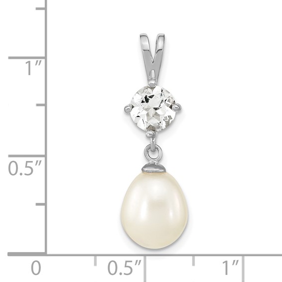 Sterling Silver Rhodium-plated8-10mm White Teardrop Freshwater Cultured Pearl and 1.95WT White Topaz Pendant