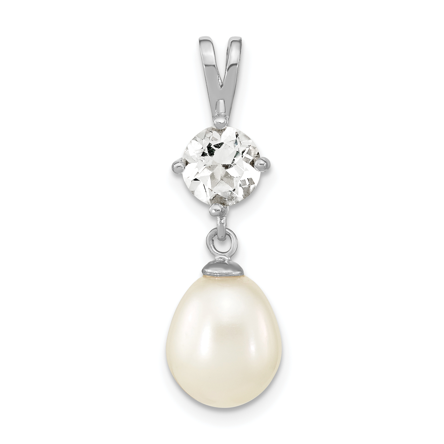 Sterling Silver Rhodium-plated8-10mm White Teardrop Freshwater Cultured Pearl and 1.95WT White Topaz Pendant (QP5412)