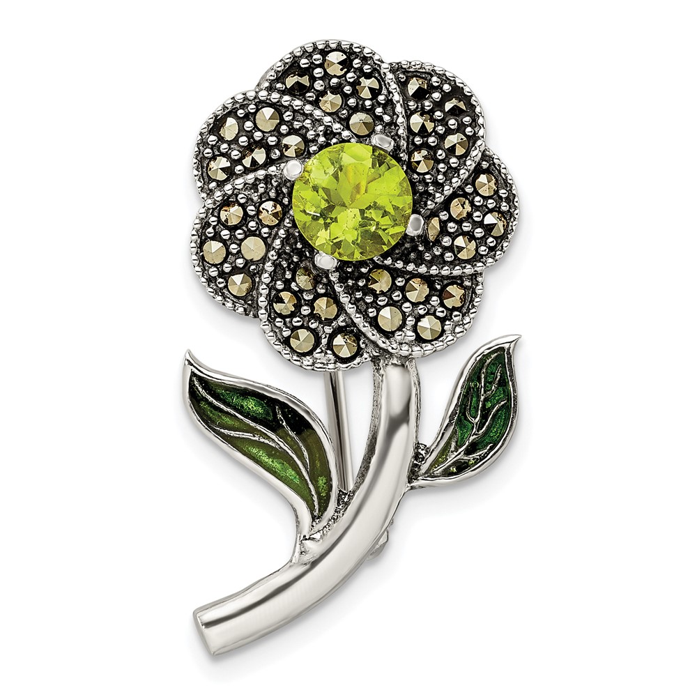 Sterling Silver Antiqued Enamel Marcasite and Green Glass Stone Flower Pin (QP5414)