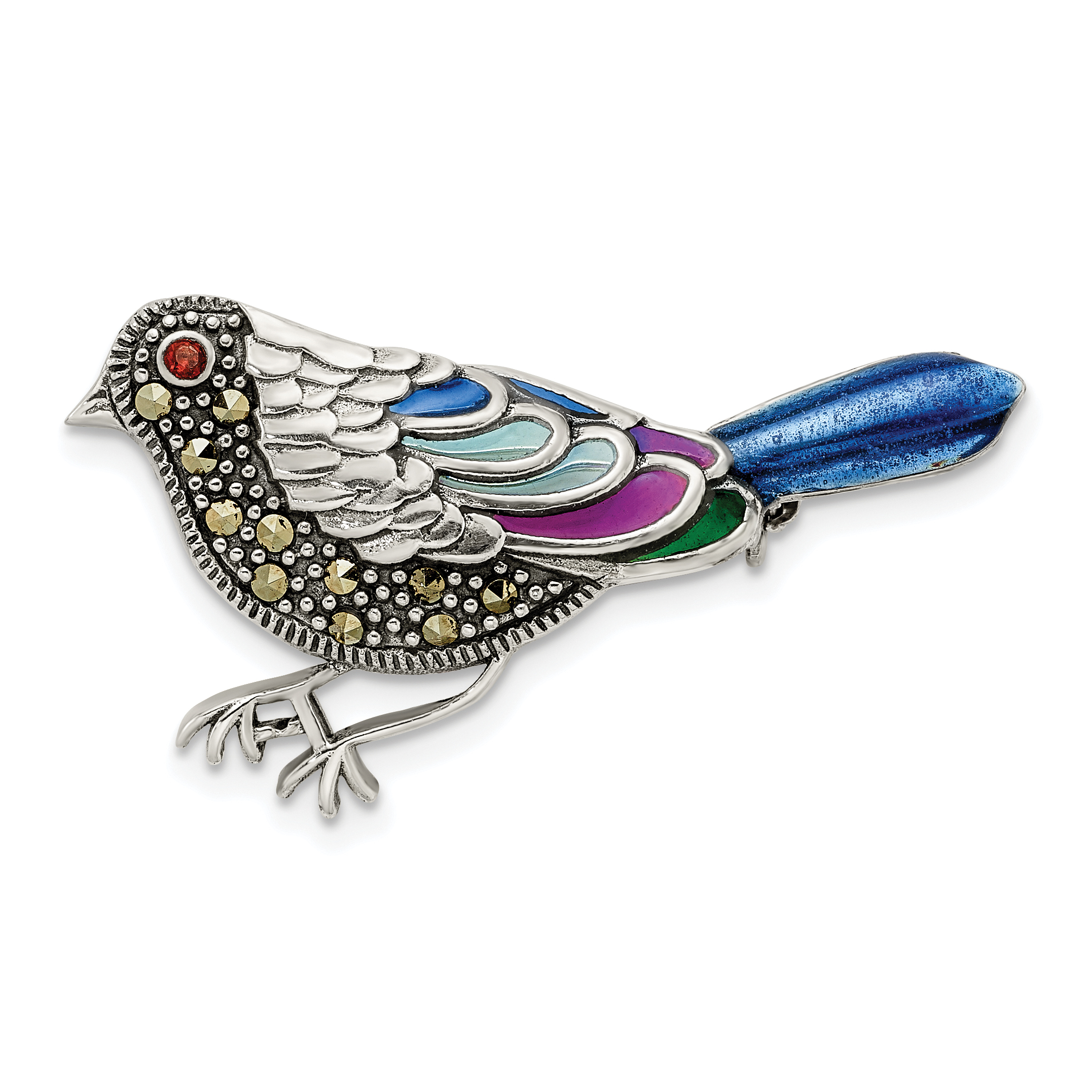 Sterling Silver Antiqued Multicolored Enameled Marcasite and Garnet Bird Pin Brooch (QP5415)