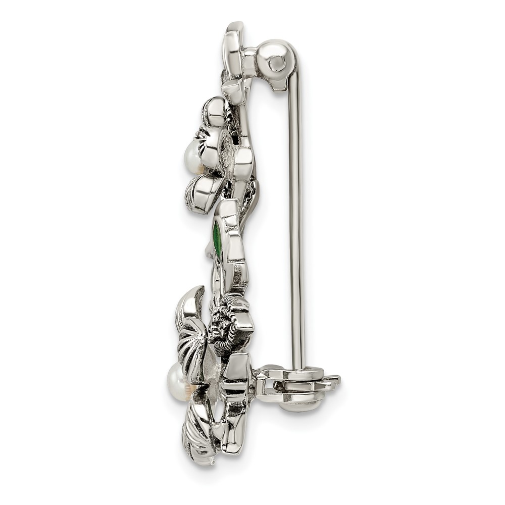 Sterling Silver Antiqued Freshwater Cultured Pearl Green Enamel Marcasite Floral Pin Brooch (QP5419)