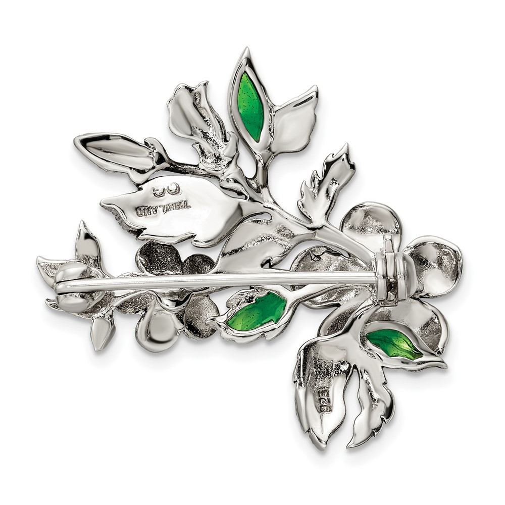 Sterling Silver Antiqued Freshwater Cultured Pearl Green Enamel Marcasite Floral Pin Brooch (QP5419)