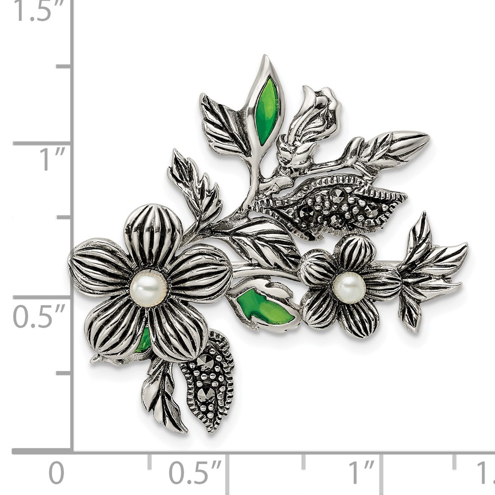 Sterling Silver Antiqued Freshwater Cultured Pearl Green Enamel Marcasite Floral Pin Brooch (QP5419)